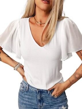 1. State White V-Neck Flutter Sleeve Top